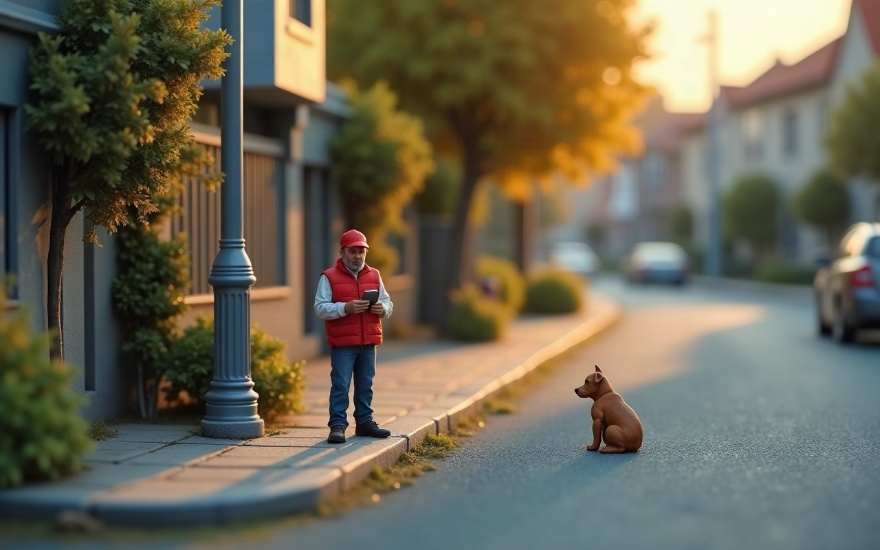 Maqueta realista de una calle residencial al amanecer, con un repartidor adulto parado en la vereda mirando el celular con expresión de reconocimiento, mientras un perro suelto está sentado solo en el asfalto a pocos metros