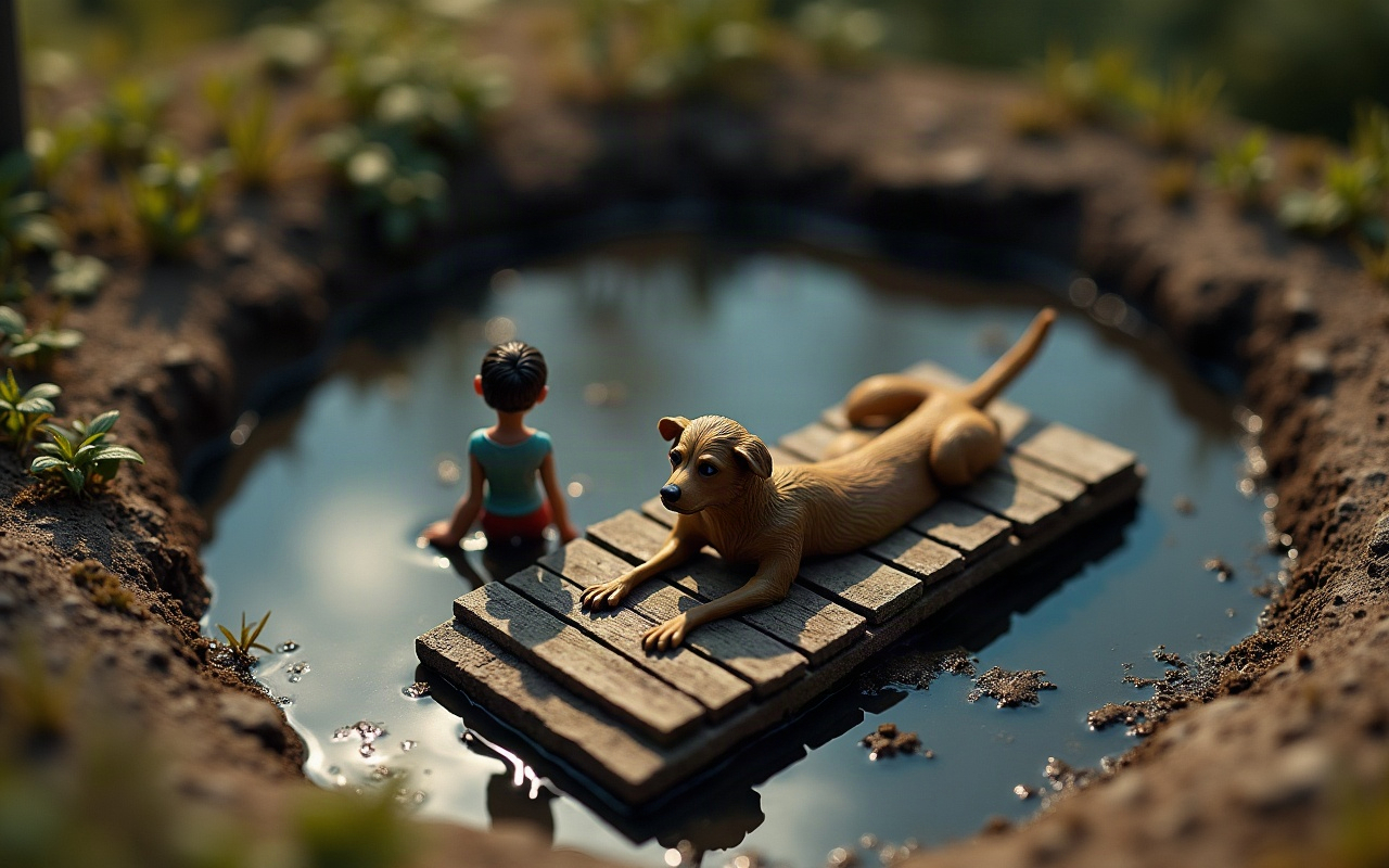 Ilustración isométrica de un estanque de barro rodeado de vegetación, con un perro acostado sobre un pequeño puente de tablas de madera apoyado en el agua, mientras una persona entra al agua al lado del puente para acercarse al animal