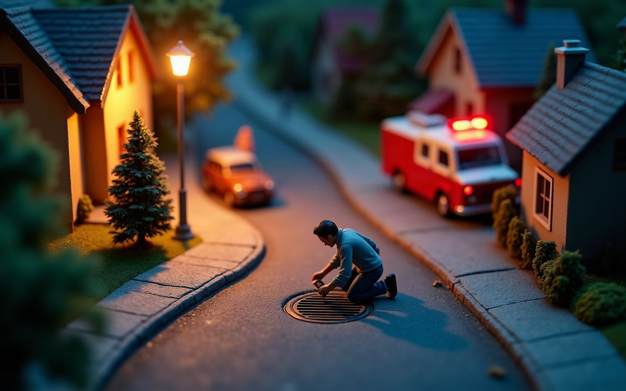 Ilustración isométrica de una calle residencial de noche, con un adulto arrodillado junto a la reja de una alcantarilla, revisando el lugar sin bajar, mientras un camión de Bomberos con las luces rojas encendidas se acerca por la calle