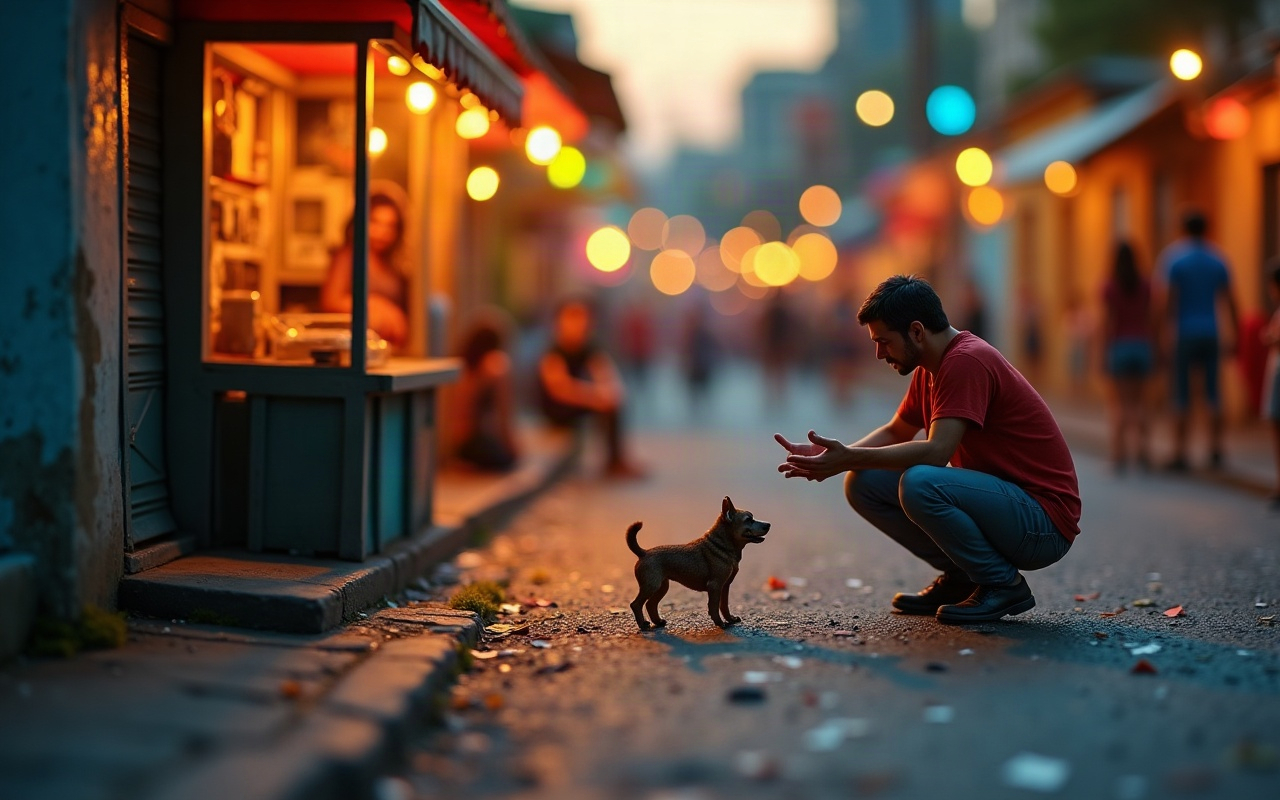 Hombre adulto agachado en una calle de carnaval al atardecer, estirando las manos hacia un perro pequeño parado a pocos pasos, con un puesto iluminado al lado y luces de colores desenfocadas de fondo, confeti esparcido por el piso