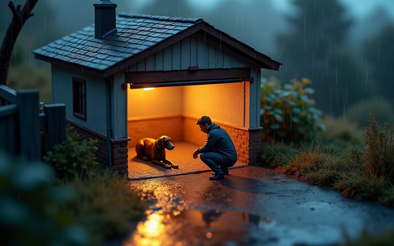 Escena de maqueta de una casa bajo lluvia fuerte de noche, con un perro mojado acostado en el rincón seco de un garage abierto e iluminado, y un hombre adulto agachado en la entrada del garage, bajo la lluvia, mirando al animal