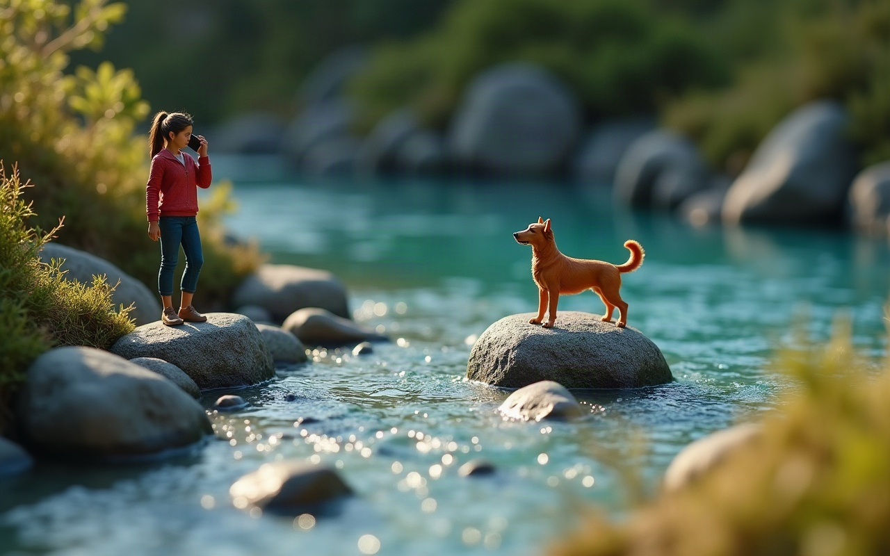 Mujer en la orilla de un río de piedras, con el celular en la oreja, mirando a un perro color caramelo atrapado en una piedra aislada en medio de la correntada, separados por el agua