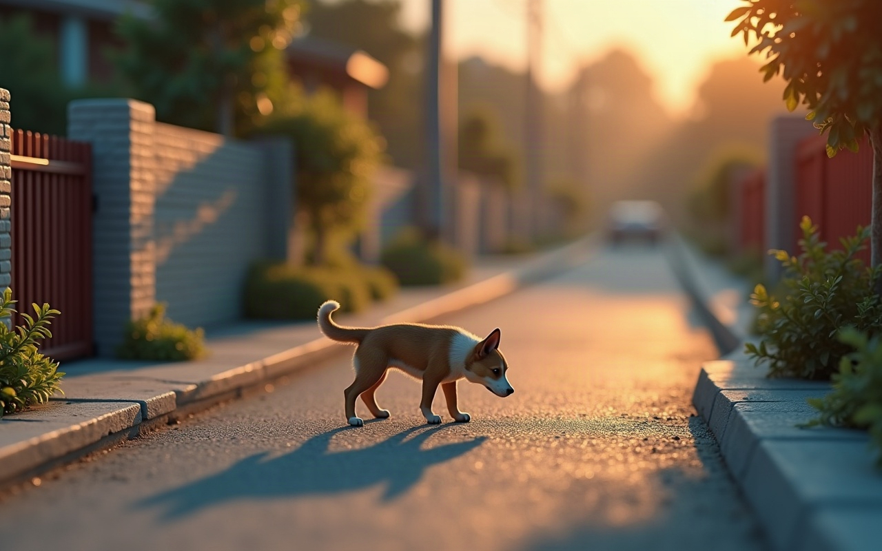 Perro solo en la vereda al atardecer con el hocico pegado al piso siguiendo un rastro de olor, portón residencial de fondo desenfocado