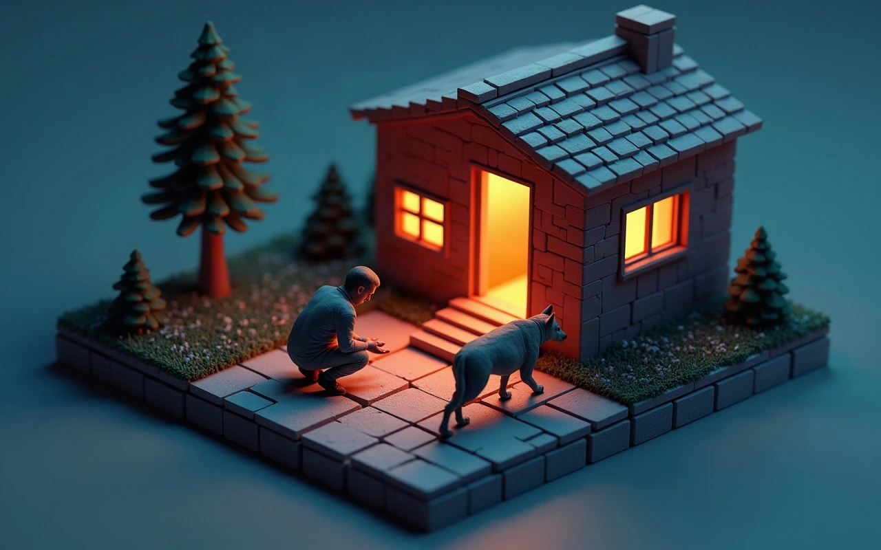 Ilustración isométrica de un hombre adulto agachado en el camino de entrada de una casa al atardecer, con la mano baja y extendida, frente a un perro que camina despacio hacia la puerta abierta e iluminada