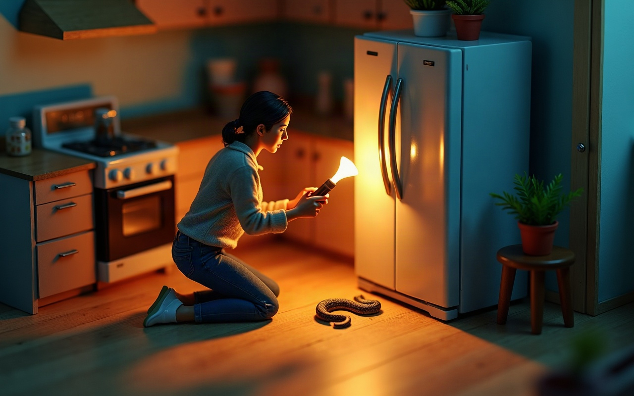 Mujer adulta arrodillada en la cocina de noche, usando una linterna detrás de la heladera, con una serpiente enroscada visible en el piso cerca del electrodoméstico