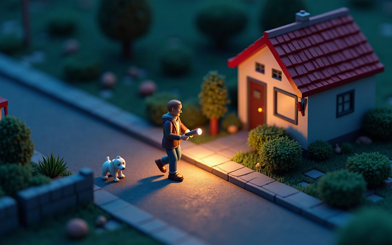 Ilustración isométrica de una persona con linterna buscando a su perro blanco por una calle residencial al anochecer