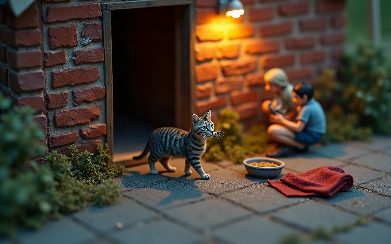 Maqueta de un patio al anochecer: una gata atigrada sale de un hueco oscuro en la pared de ladrillos y camina hacia un plato de comida y una manta roja en el piso, mientras dos personas observan agachadas al fondo, junto a la pared