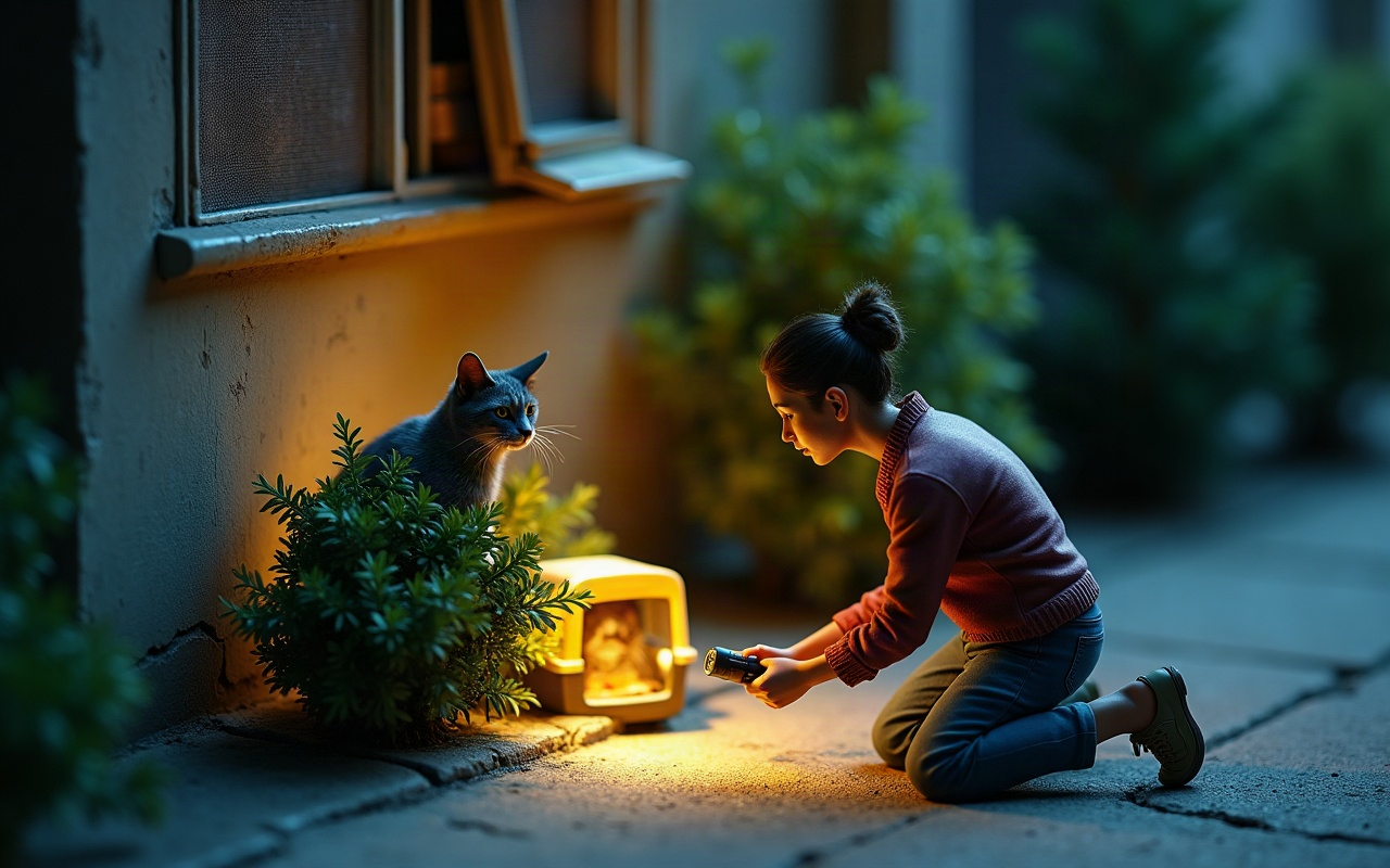 Maqueta de una vereda de noche, junto a la pared de un edificio con una ventana con mosquitero abierta justo arriba: una tutora arrodillada apunta la linterna hacia un matorral, con el transportín abierto al lado, y un gato gris asustado aparece escondido detrás de la planta