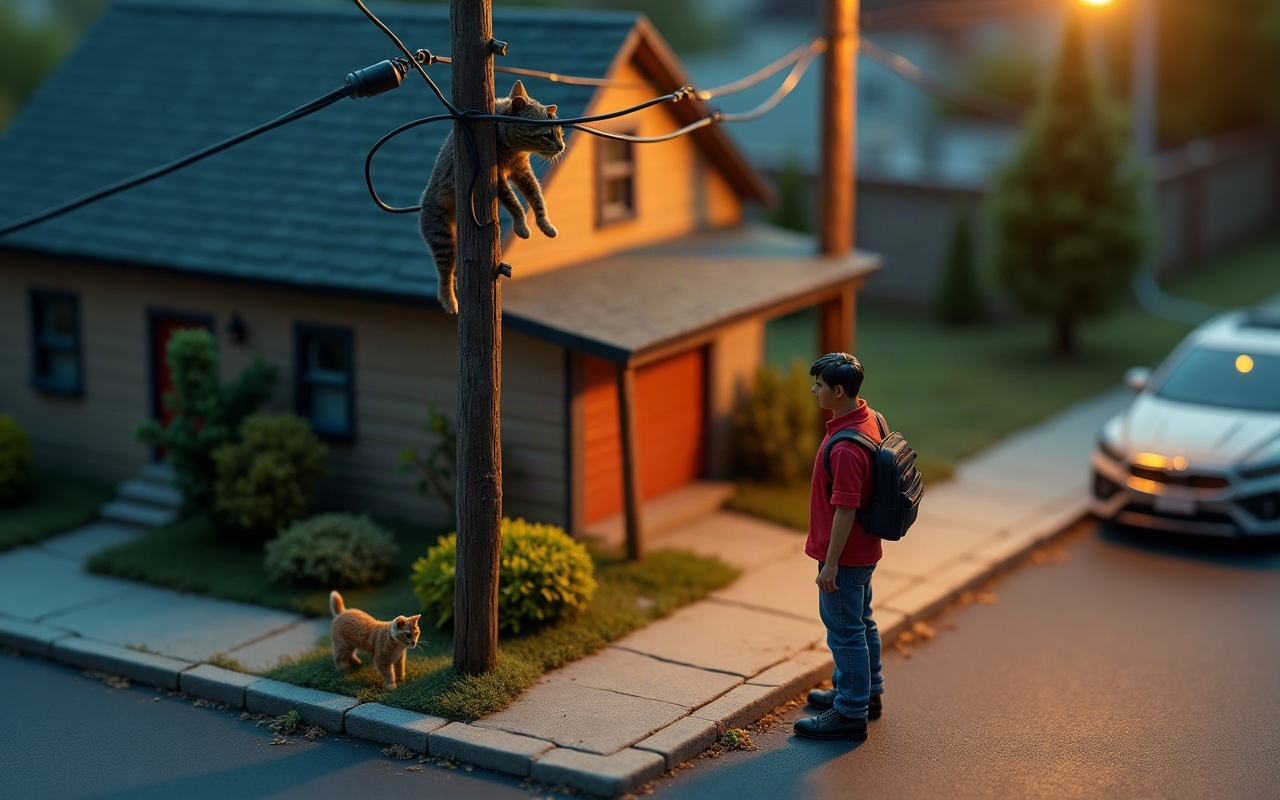 Ilustración isométrica de una calle residencial al atardecer, con un gato agarrado en lo alto de un poste de luz enredado en cables, un segundo gato observando desde el piso, mientras un tutor se queda parado en la vereda a una distancia segura, sin acercarse a la base del poste