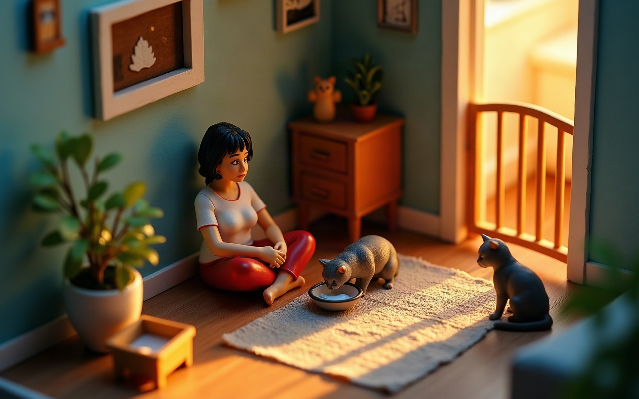 Maqueta de una mujer adulta sentada en el piso de una habitación tranquila, con las manos en el regazo, mirando a un gato gris que come de un plato sobre una alfombra, mientras un segundo gato gris oscuro observa de cerca desde una puerta con reja de madera