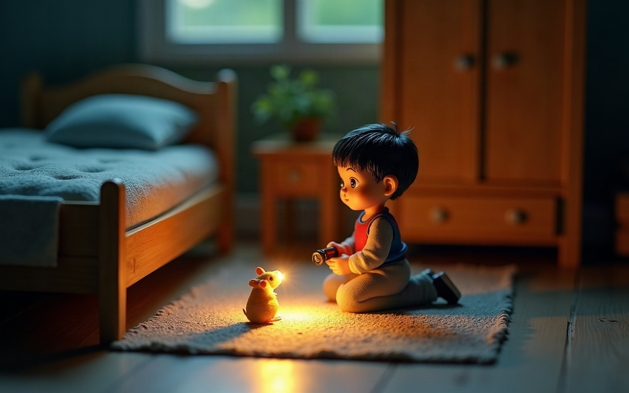 Niño sentado en la alfombra de un cuarto oscuro con una linternita en la mano, con un hámster dorado iluminado enfrente en el piso, ropero de madera de fondo