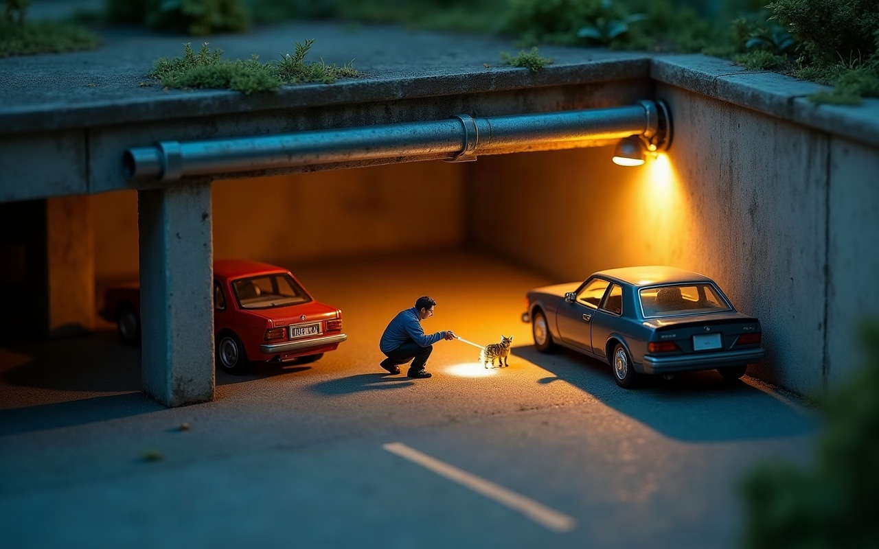 Maqueta isométrica en corte de un garaje subterráneo de consorcio de noche, con un encargado adulto agachado con una linterna junto a un gato encontrado cerca de un gran conducto de ventilación metálico que cruza el techo entre dos autos estacionados