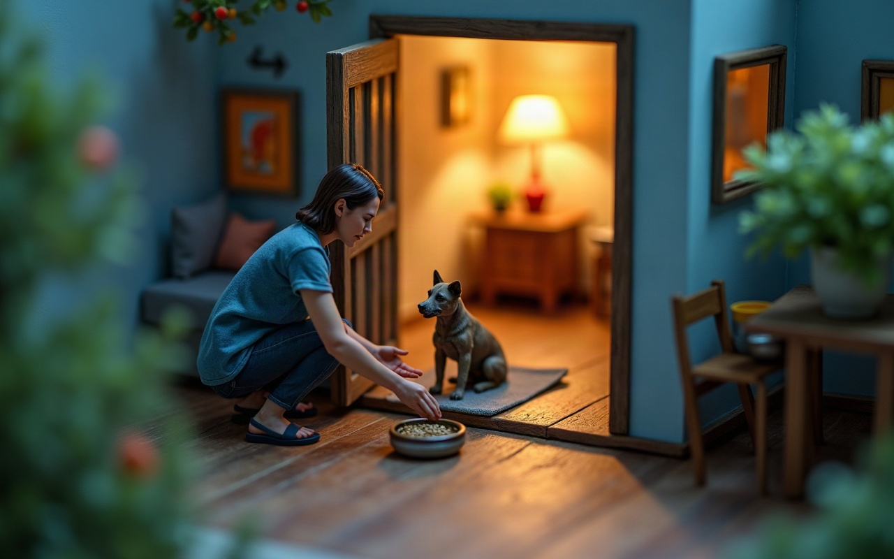 Maqueta de una casa vista desde arriba al atardecer, con una mujer adulta agachada en el umbral de una puerta abierta, extendiendo un plato de comida hacia un perro recogido de la calle, sentado solo sobre una alfombra en una habitación separada e iluminada al fondo