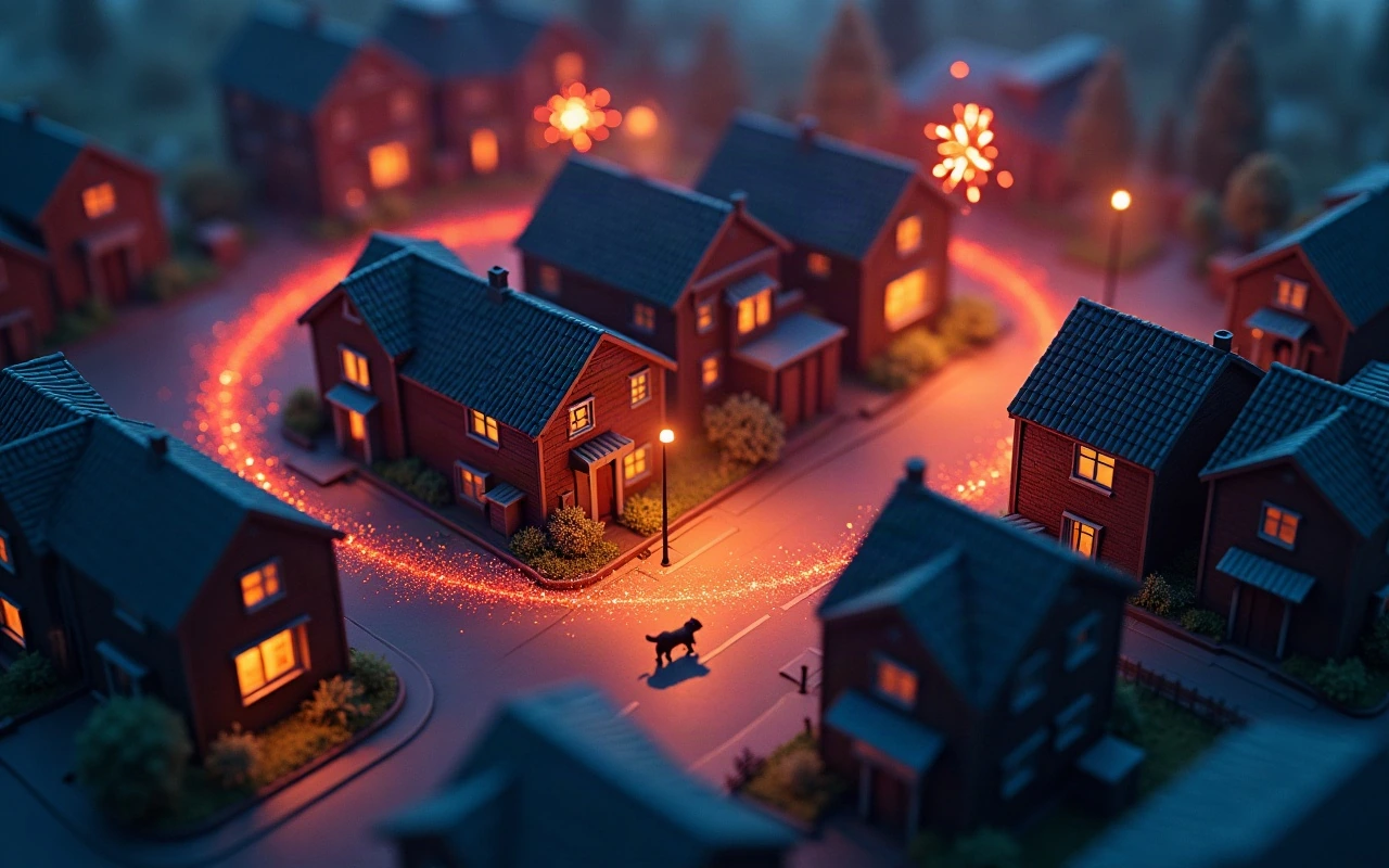 Ilustración isométrica de un barrio residencial de noche visto desde arriba, con fuegos artificiales estallando en el cielo, un perro corriendo solo por la calle y un gran círculo de luz anaranjada dibujado sobre las calles alrededor de él, que deja las casas de dentro del cerco iluminadas y las de afuera en una penumbra azulada